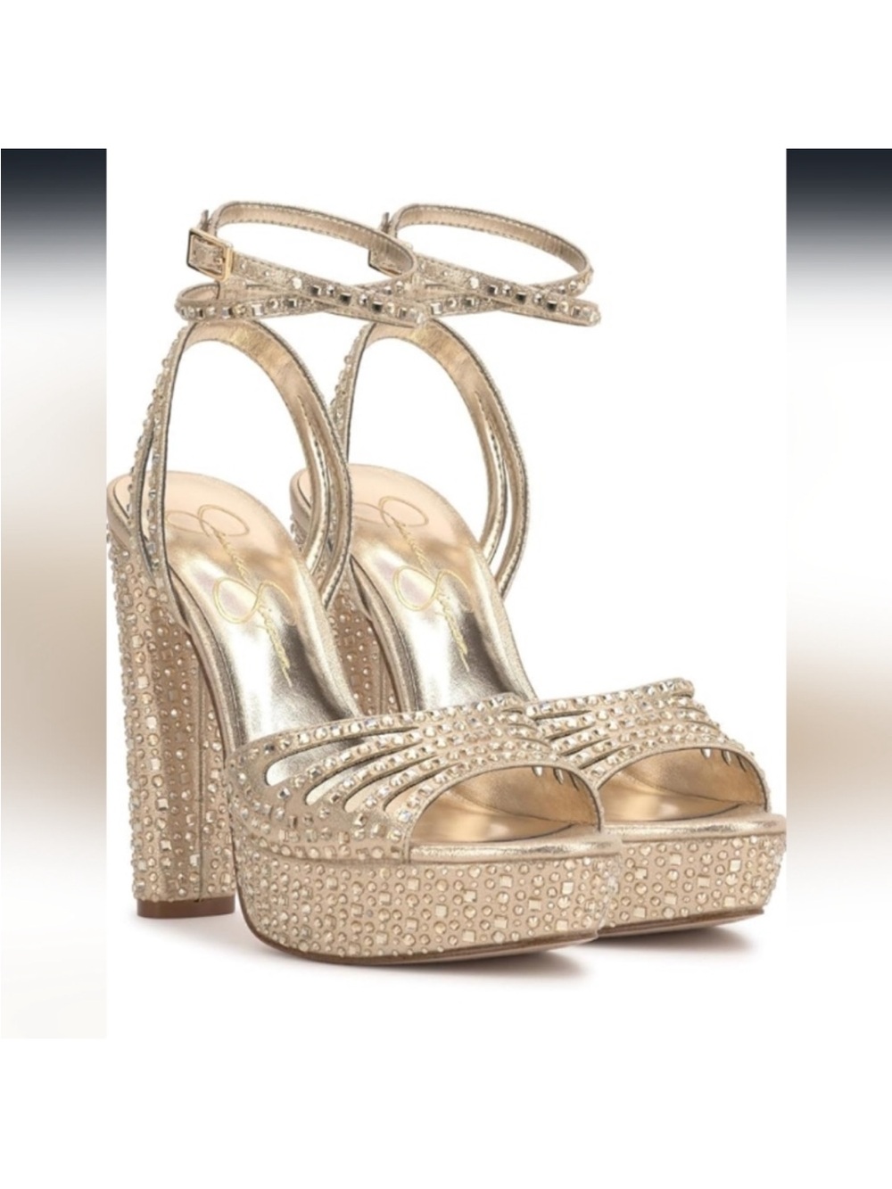 Jessica Simpson Gold Rhinestone Platform Ankle-Strap Heels